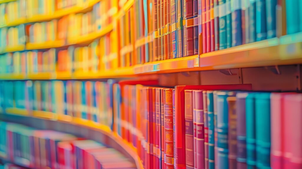 Vibrant library shelves colorful books in blurred abstract style creative and educational themes